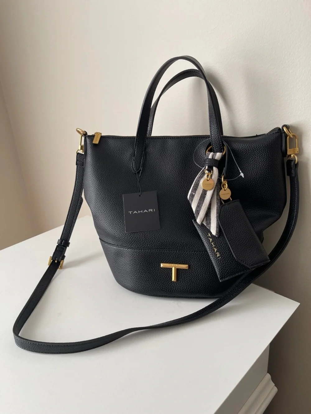 NWT...Tahari Black Pebbled Leather Shoulder Tote with Gold Hardware - Picture 2 of 7